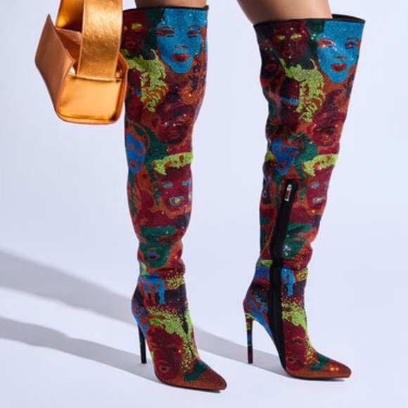 AZALEA WANG " ABSTRACT ILLUSIONS " MULTI STILETTO THIGH HIGH BOOTS( BRAND NEW!!! - Picture 1 of 9